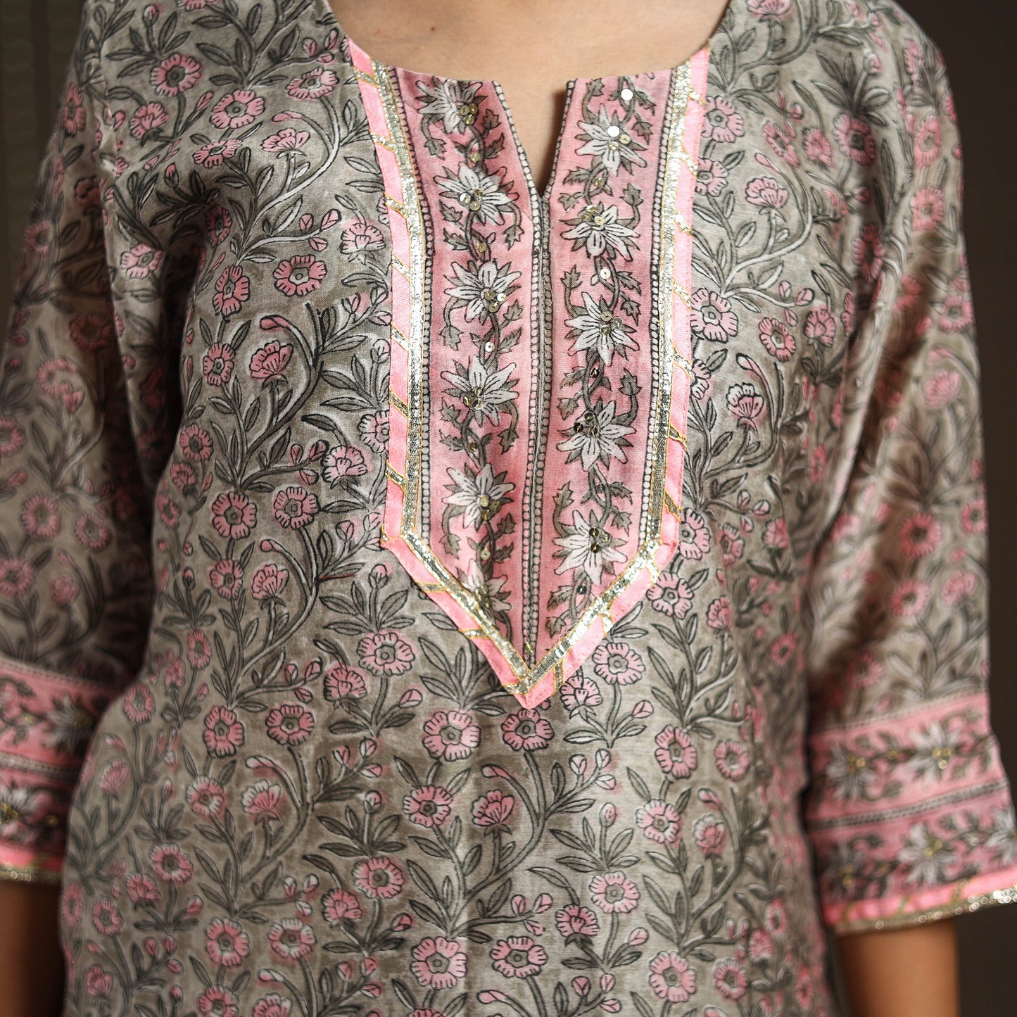 Grey - gota work chanderi silk sanganeri kurta set (set