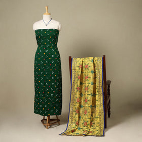 Green 2pc Unstitched Bandhani Dress Material with Jewellery Set