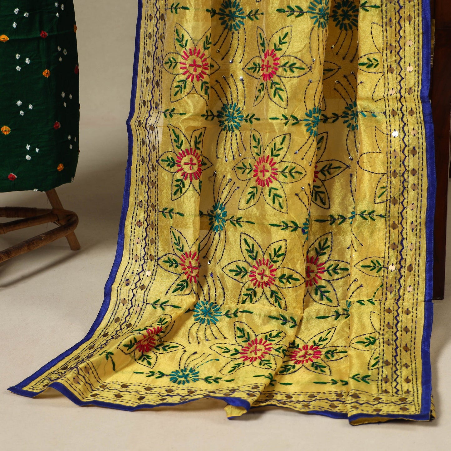 Green 2pc Unstitched Bandhani Dress Material with Jewellery Set