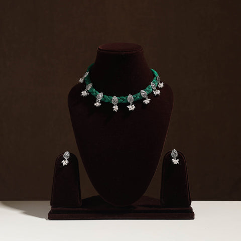 Buy Green Handmade German Silver Thread Beads Necklace Set