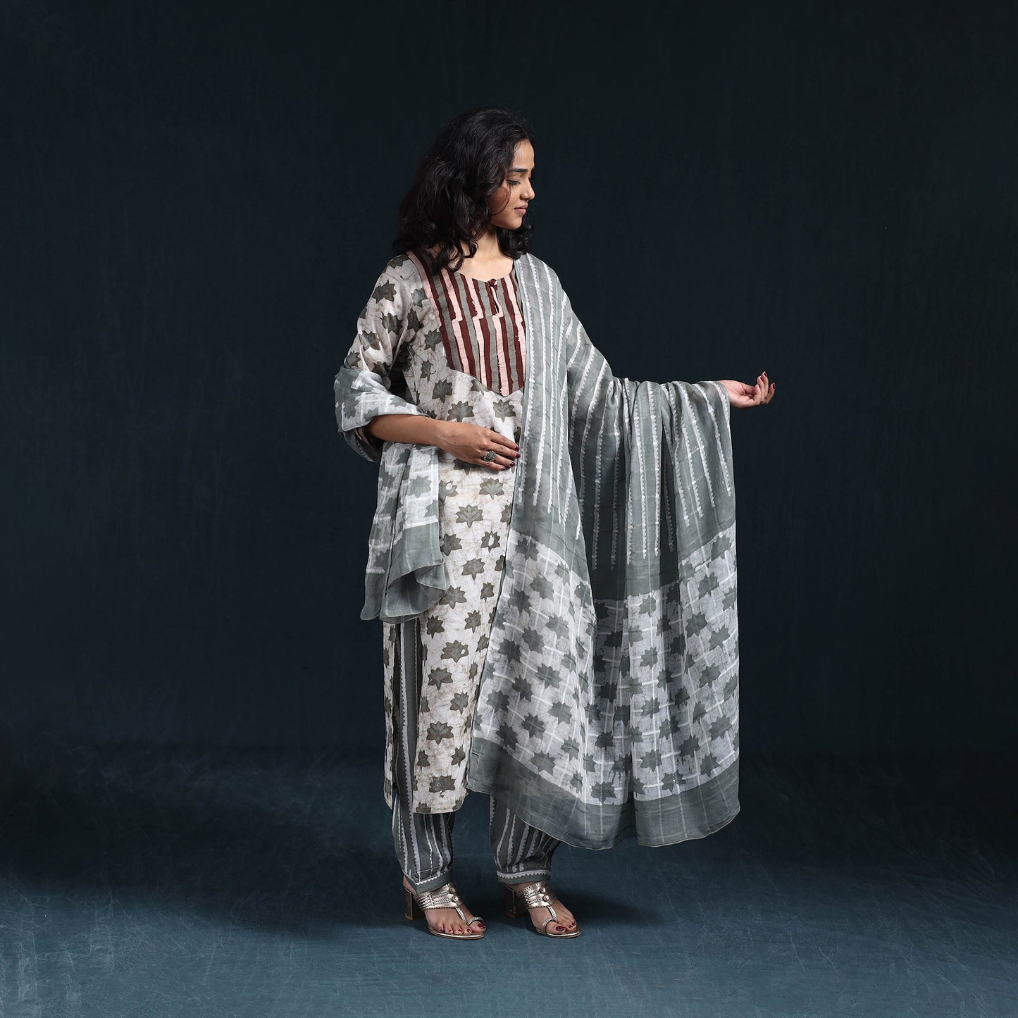 Hand batik cotton suit set with dupatta for women 07
