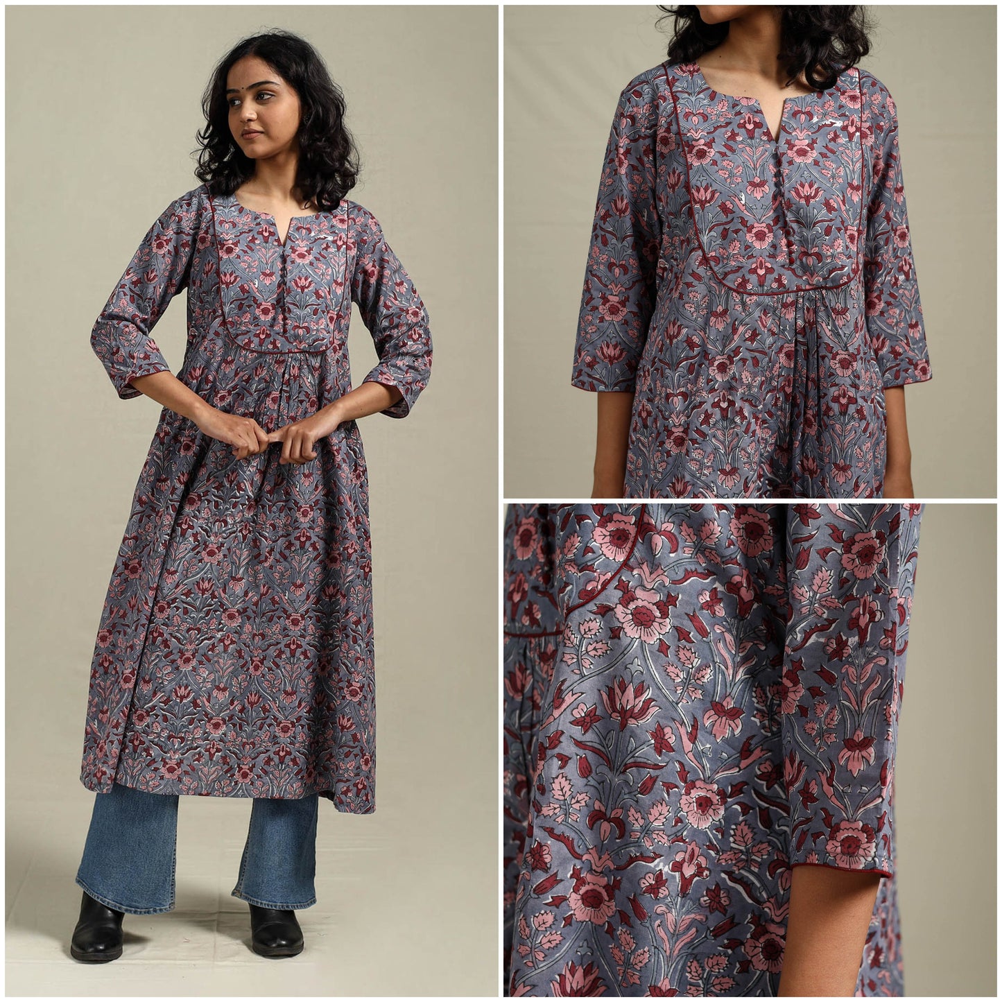 Hand cotton a-line sanganeri kurta for women 05