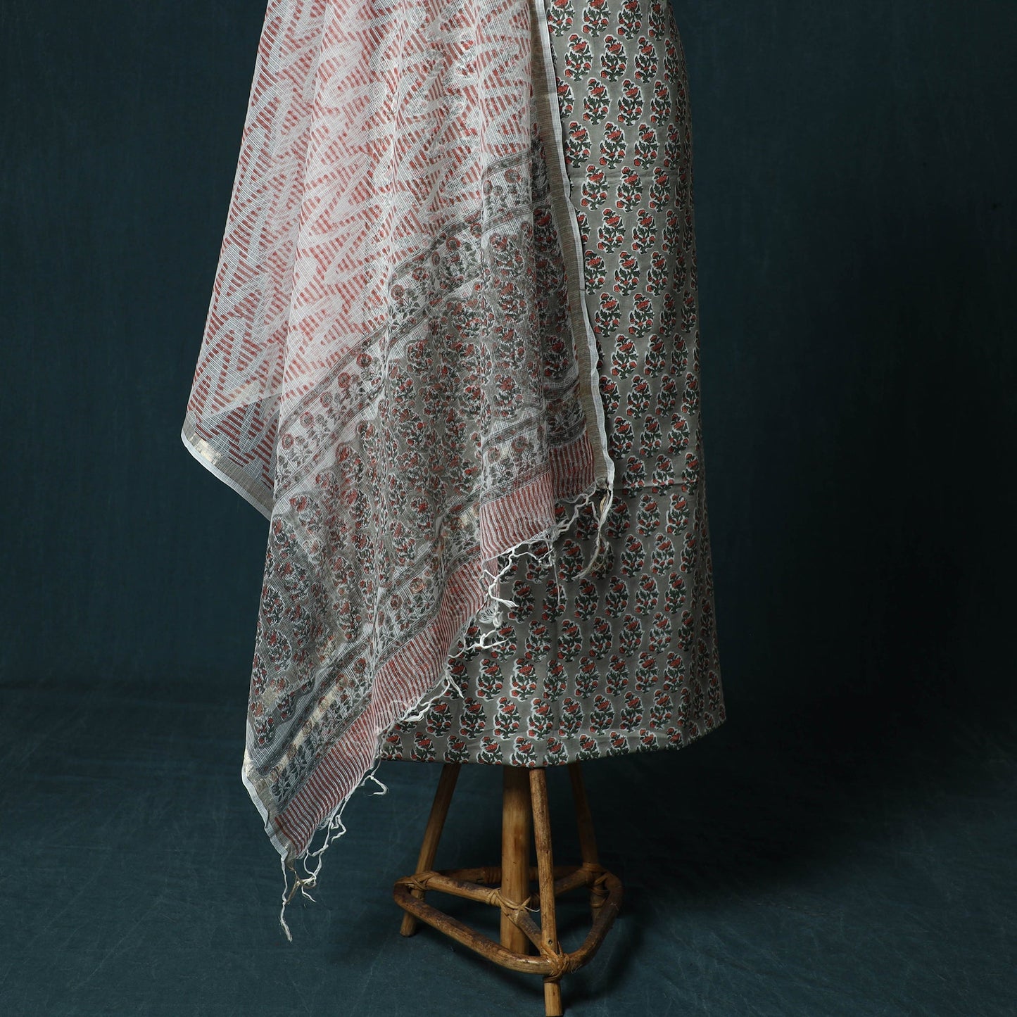 Hand block print sanganeri cotton 3pc unstitched dress