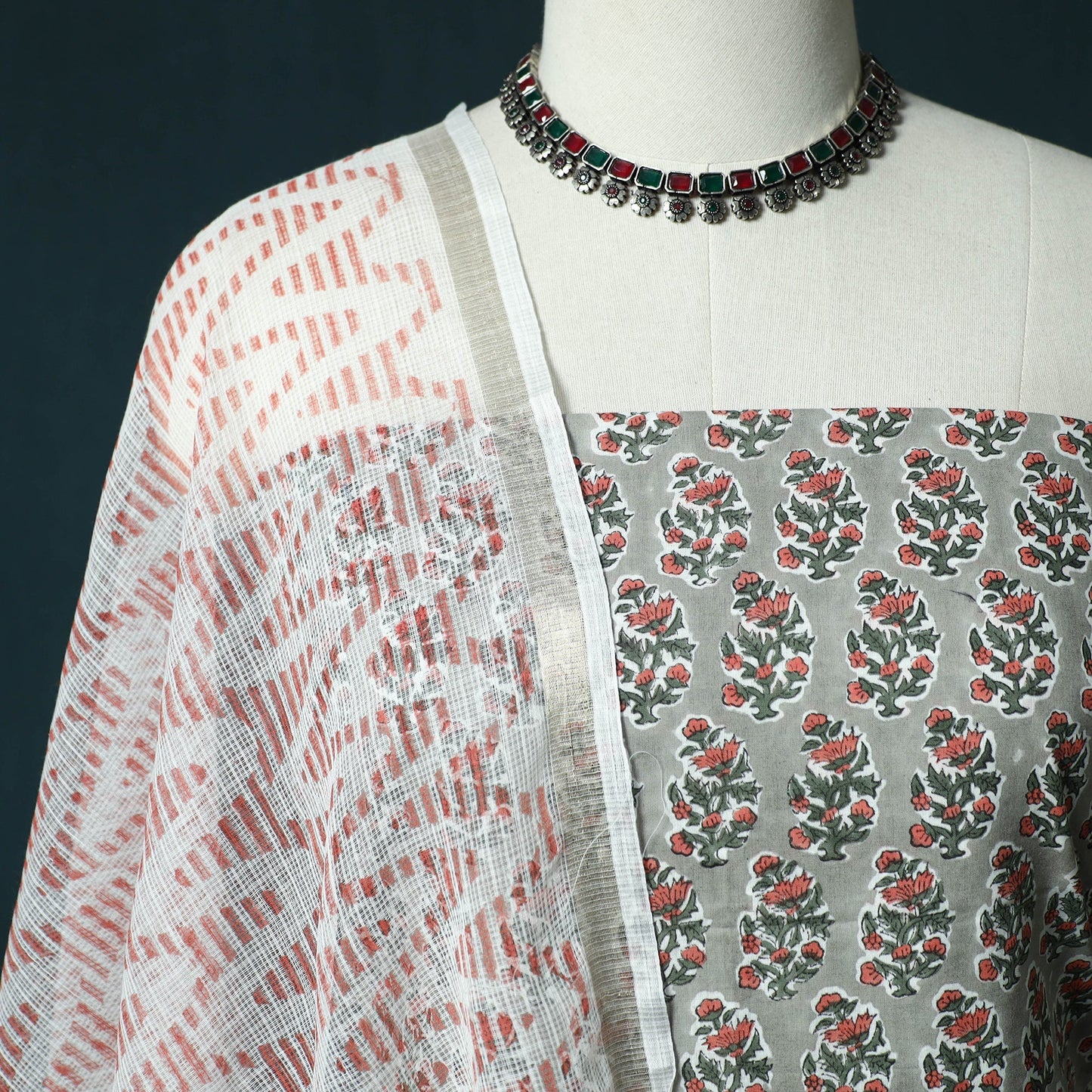Hand block print sanganeri cotton 3pc unstitched dress
