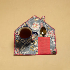  Grey Hand Embroidered Floral Pot Holder with Pocket 