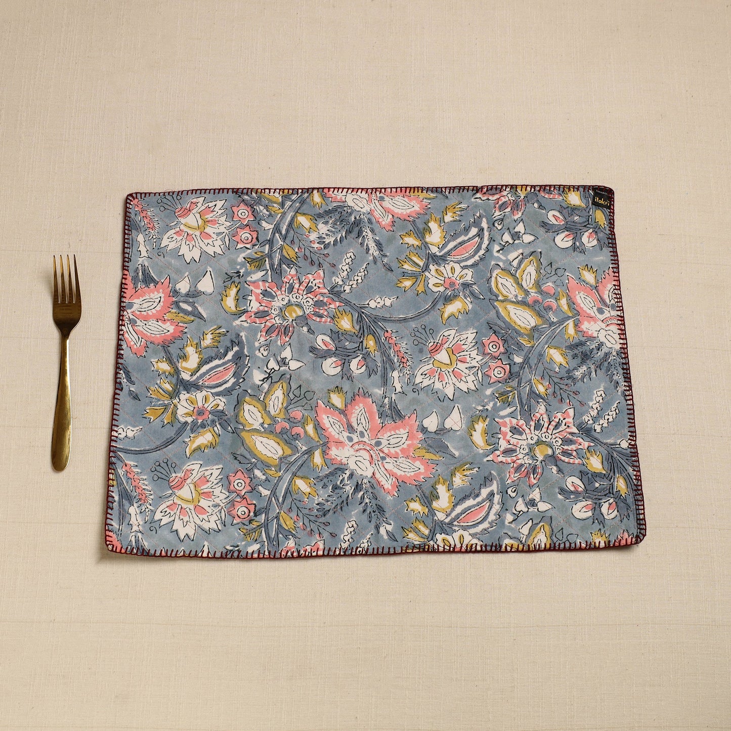  Grey Hand Embroidered Floral Cotton Reversible Table Mat