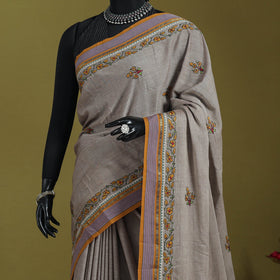 Grey - hand embroidery kerala cotton kashida saree