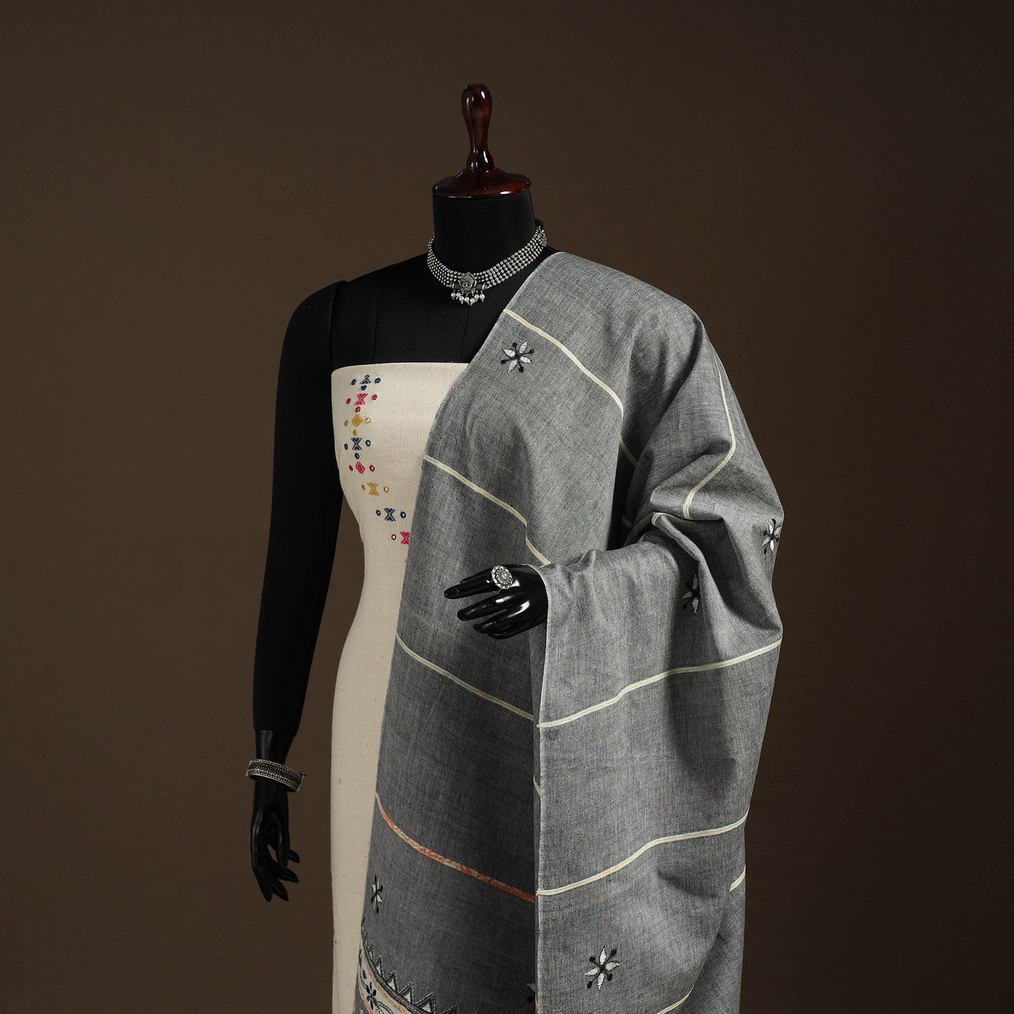 Grey Hand Embroidery Khes Handwoven Cotton Kantha Dupatta