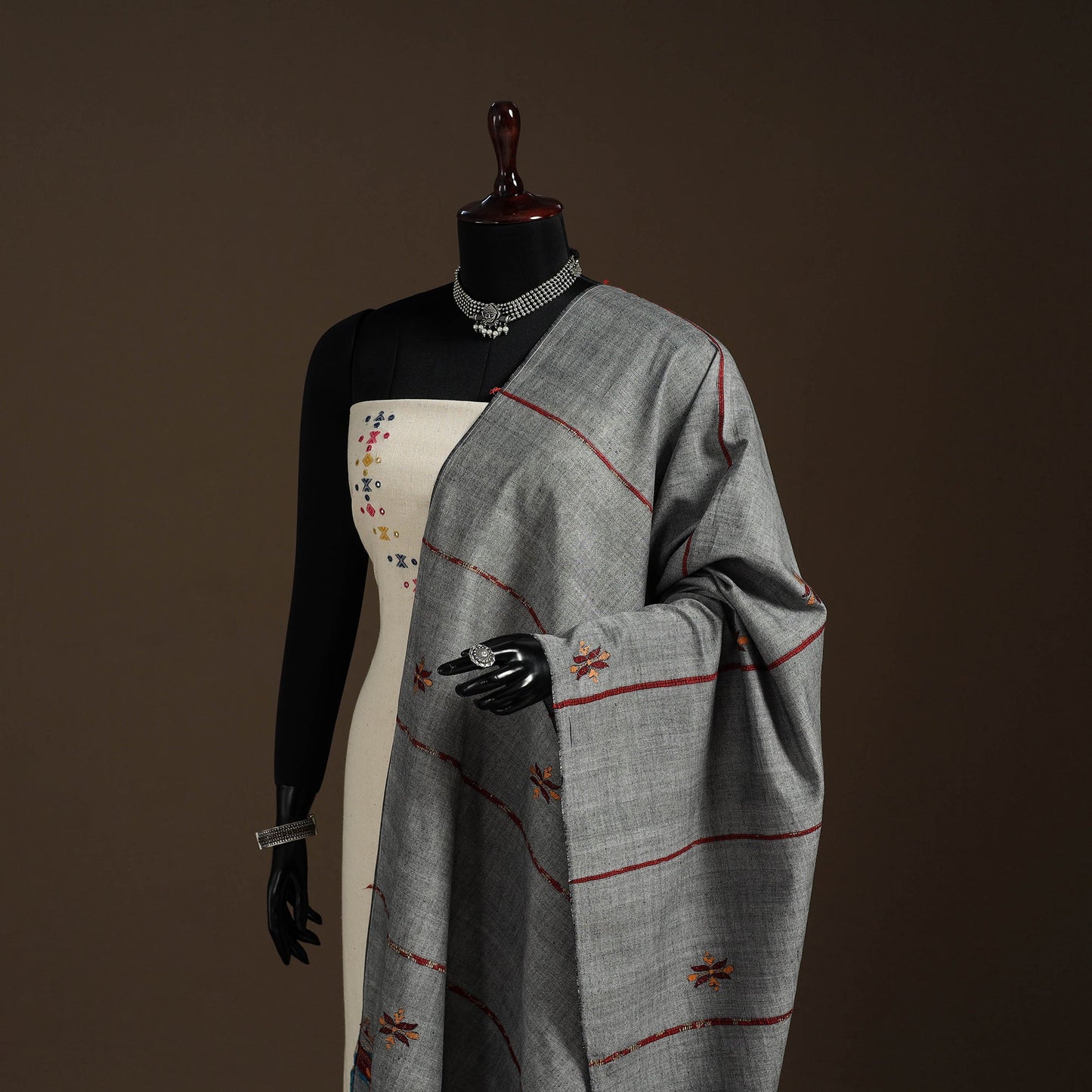 Grey Hand Embroidery Khes Handwoven Cotton Kantha Dupatta