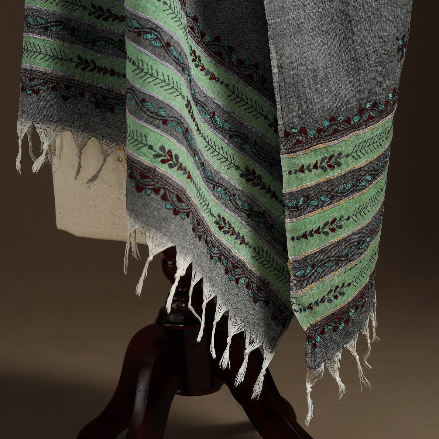 Grey Hand Embroidery Khes Handwoven Cotton Kantha Dupatta