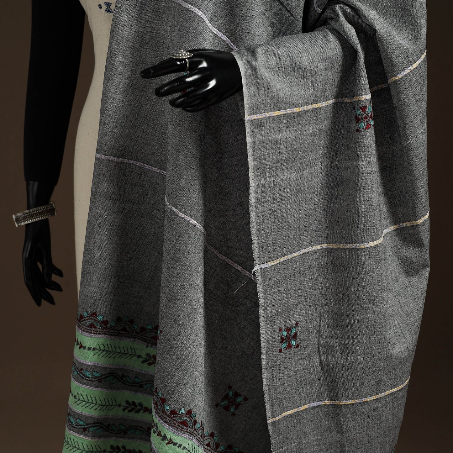 Grey Hand Embroidery Khes Handwoven Cotton Kantha Dupatta