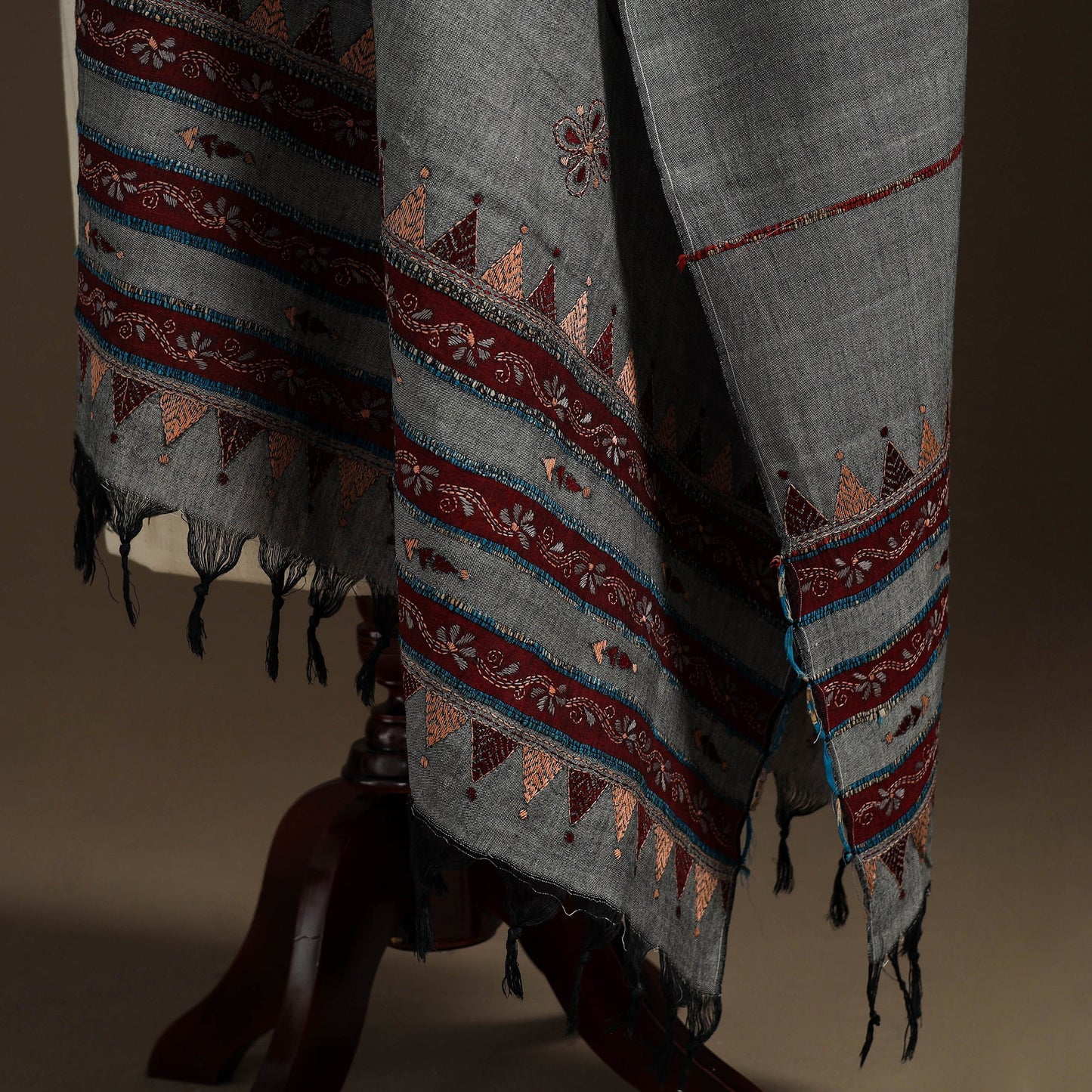 Grey - hand embroidery khes handwoven cotton kantha dupatta