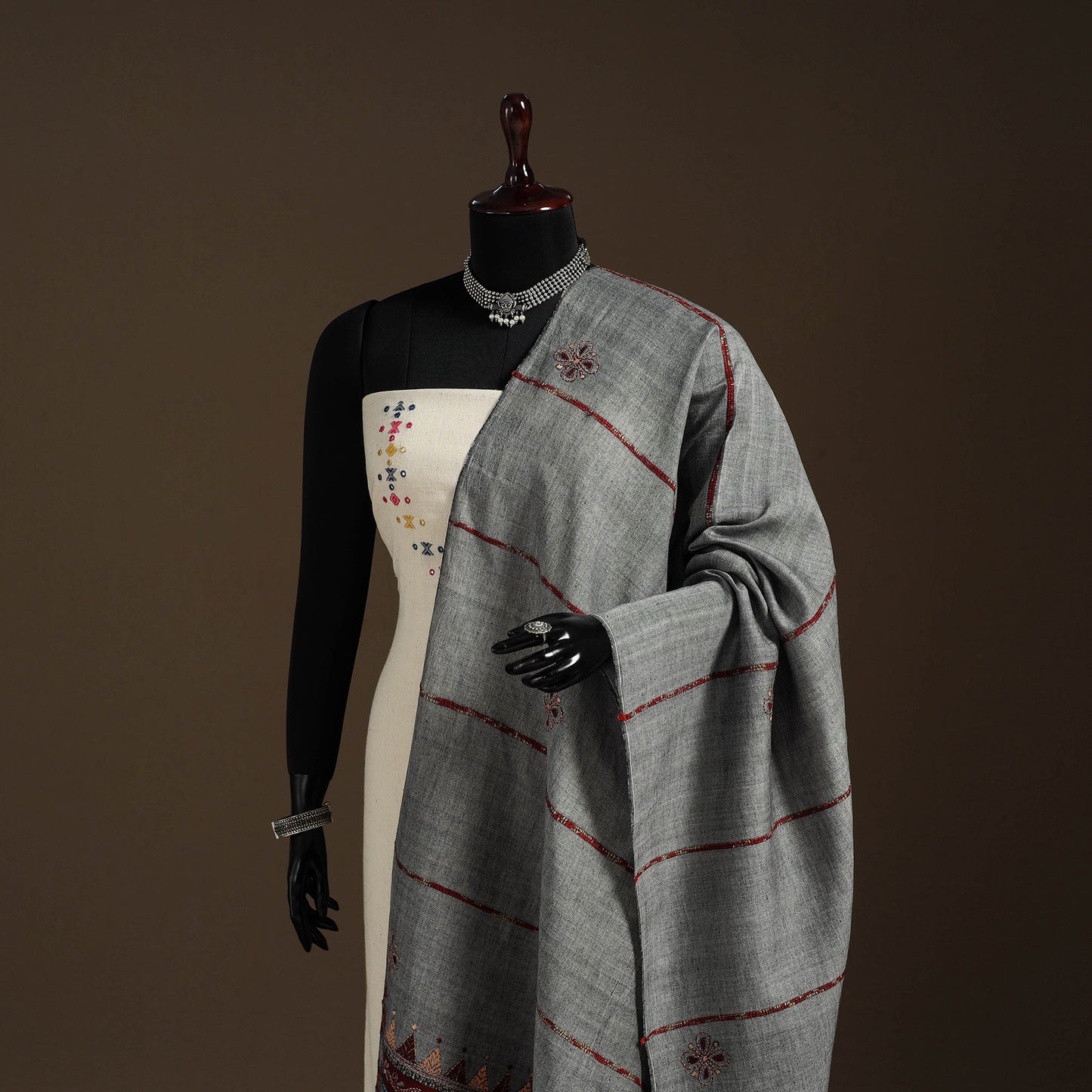 Grey - hand embroidery khes handwoven cotton kantha dupatta