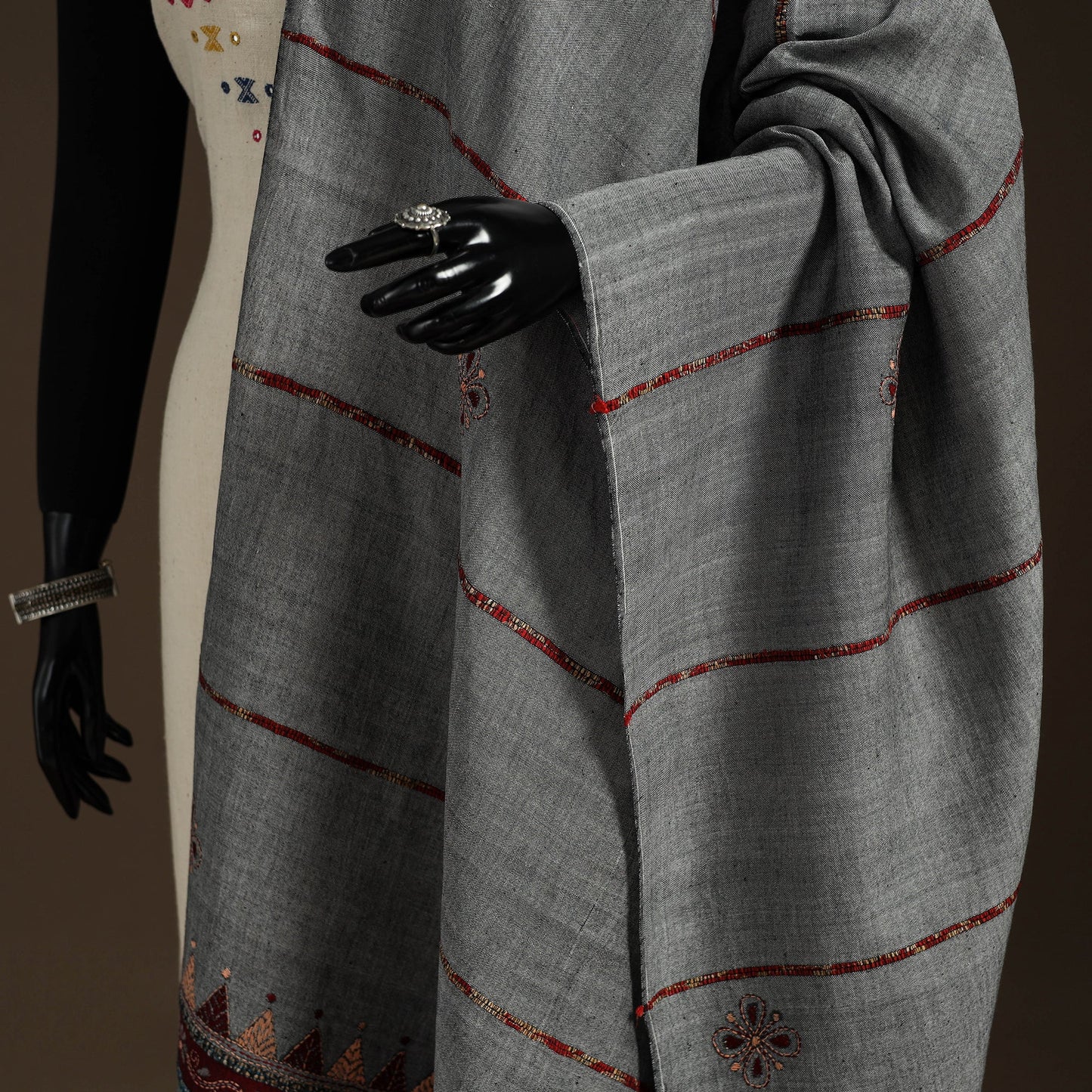Grey - hand embroidery khes handwoven cotton kantha dupatta