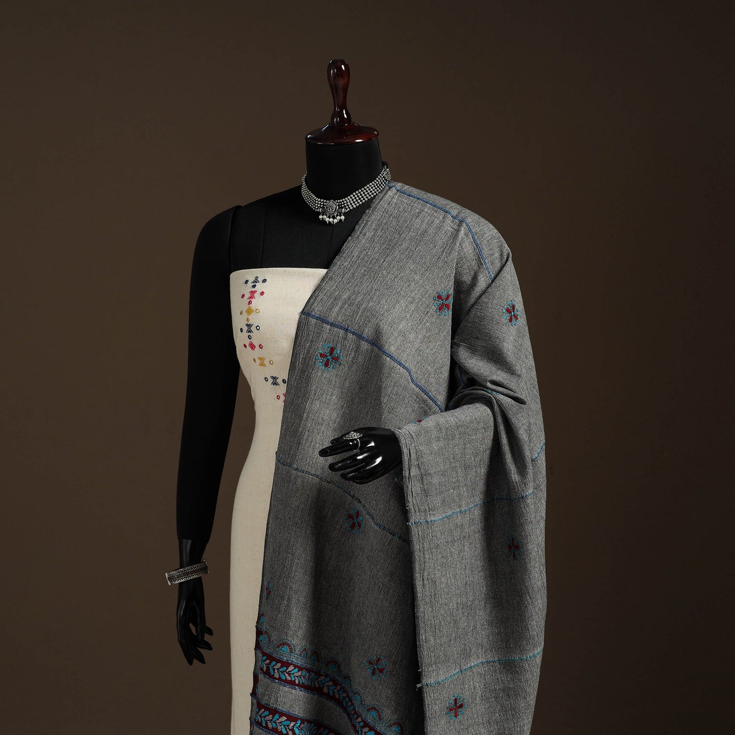 Grey Hand Embroidery Khes Handwoven Cotton Kantha Dupatta