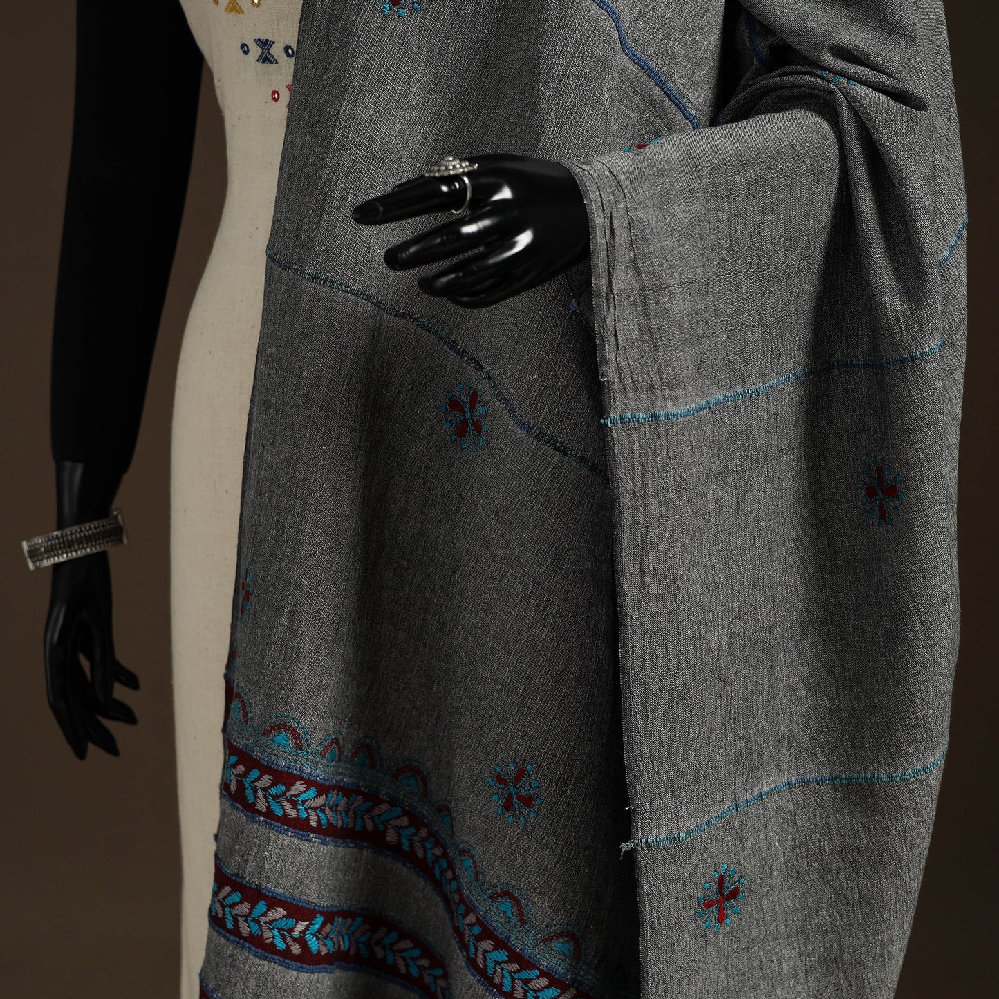 Grey Hand Embroidery Khes Handwoven Cotton Kantha Dupatta