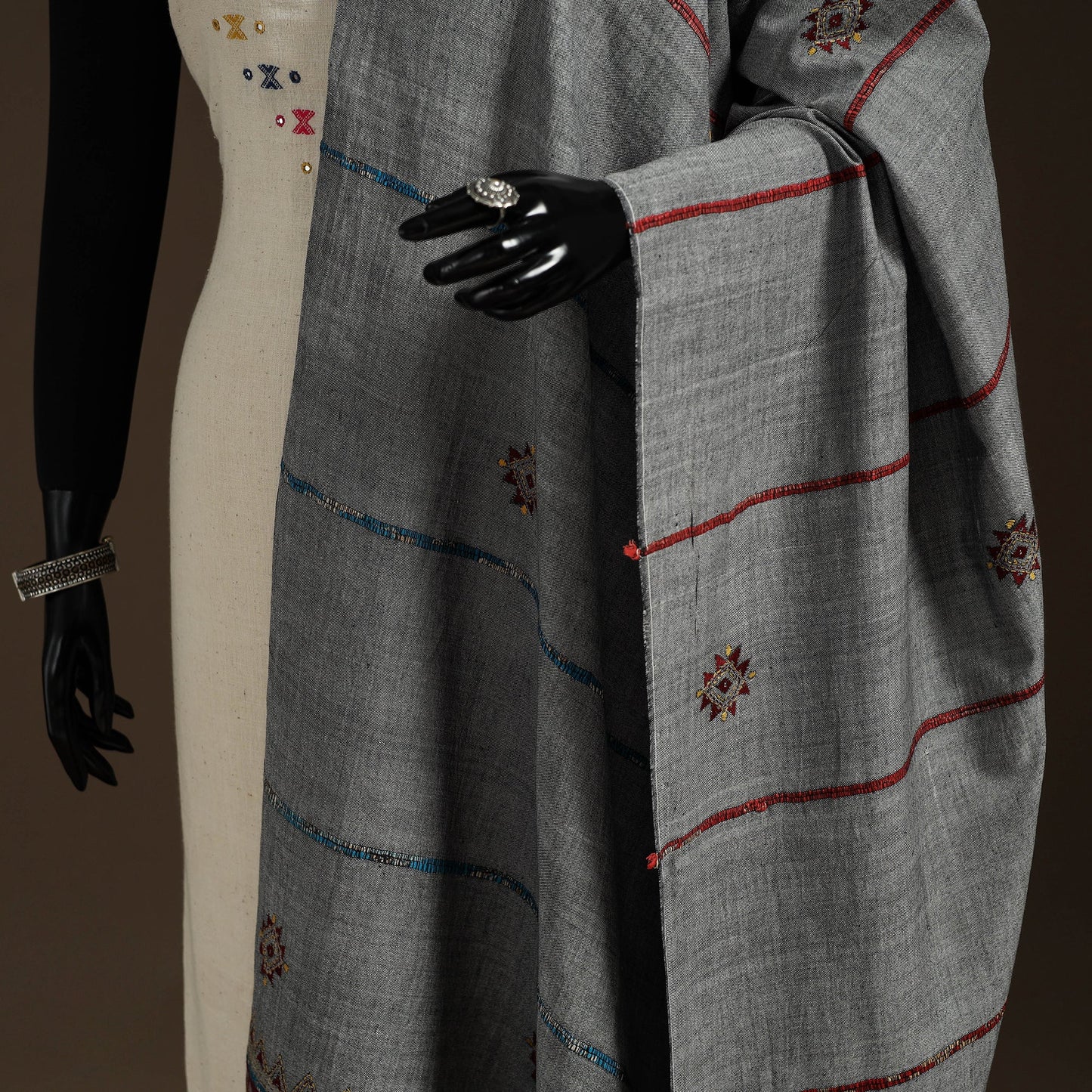 Grey Hand Embroidery Khes Handwoven Cotton Kantha Dupatta