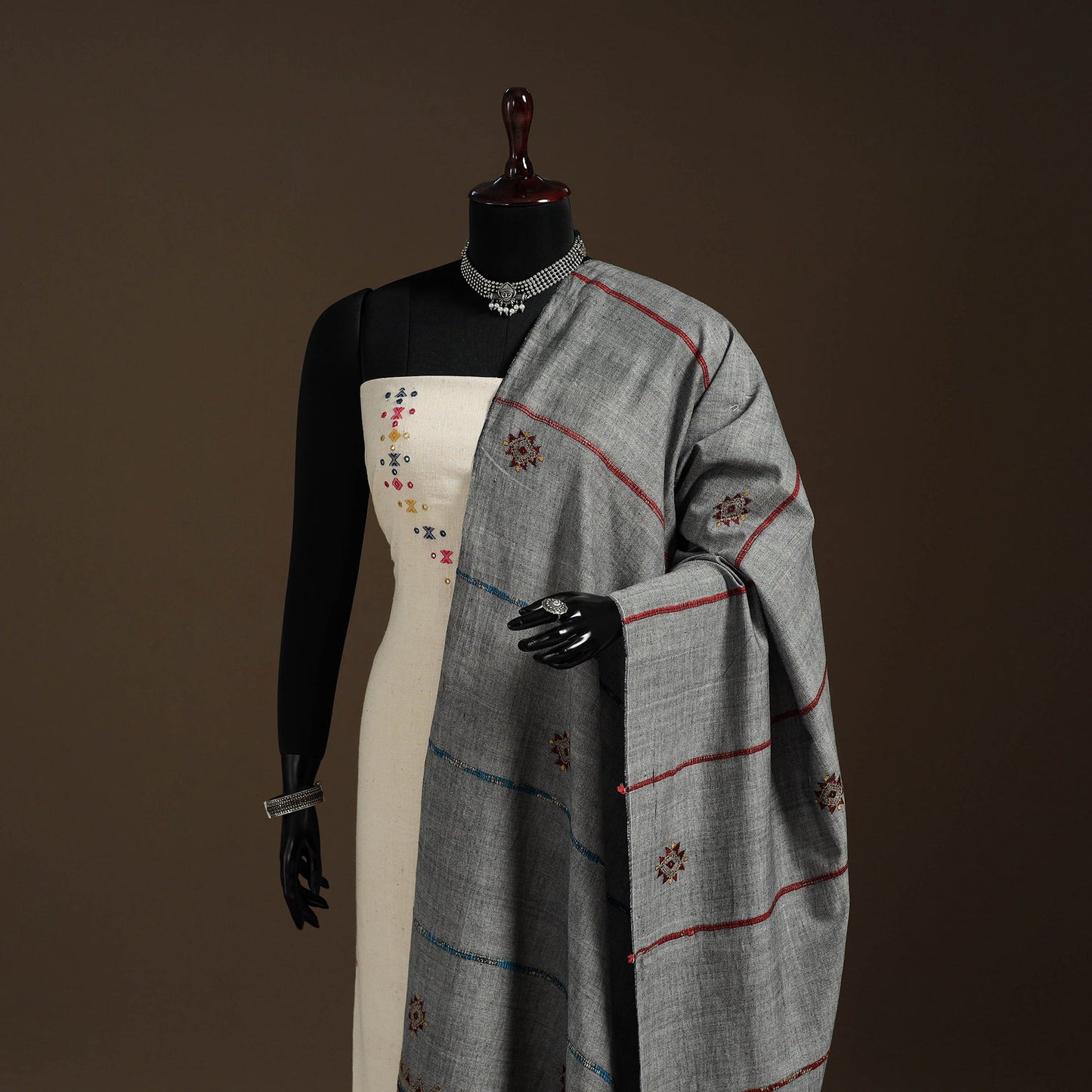 Grey Hand Embroidery Khes Handwoven Cotton Kantha Dupatta