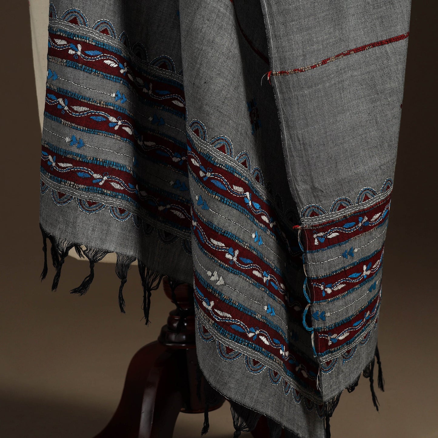 Grey Hand Embroidery Khes Handwoven Cotton Kantha Dupatta