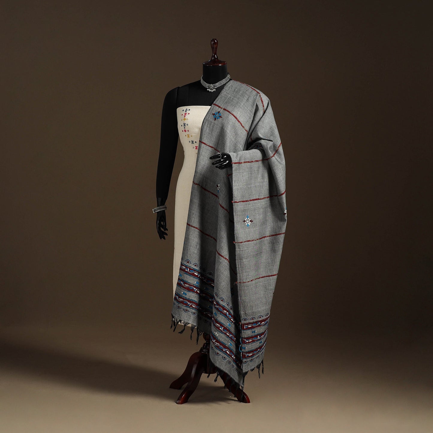 Grey Hand Embroidery Khes Handwoven Cotton Kantha Dupatta