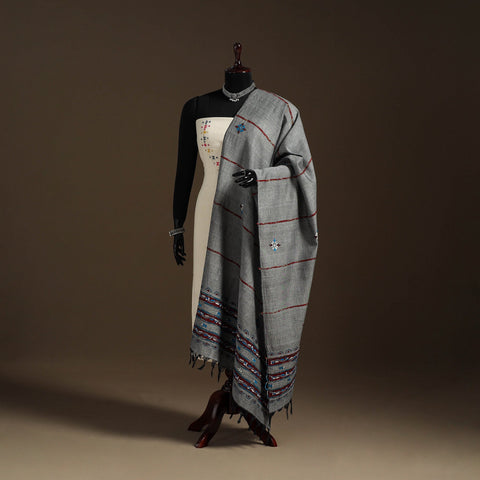 Grey Hand Embroidery Khes Handwoven Cotton Kantha Dupatta