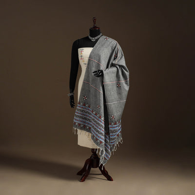 Grey Hand Embroidery Khes Handwoven Cotton Kantha Dupatta