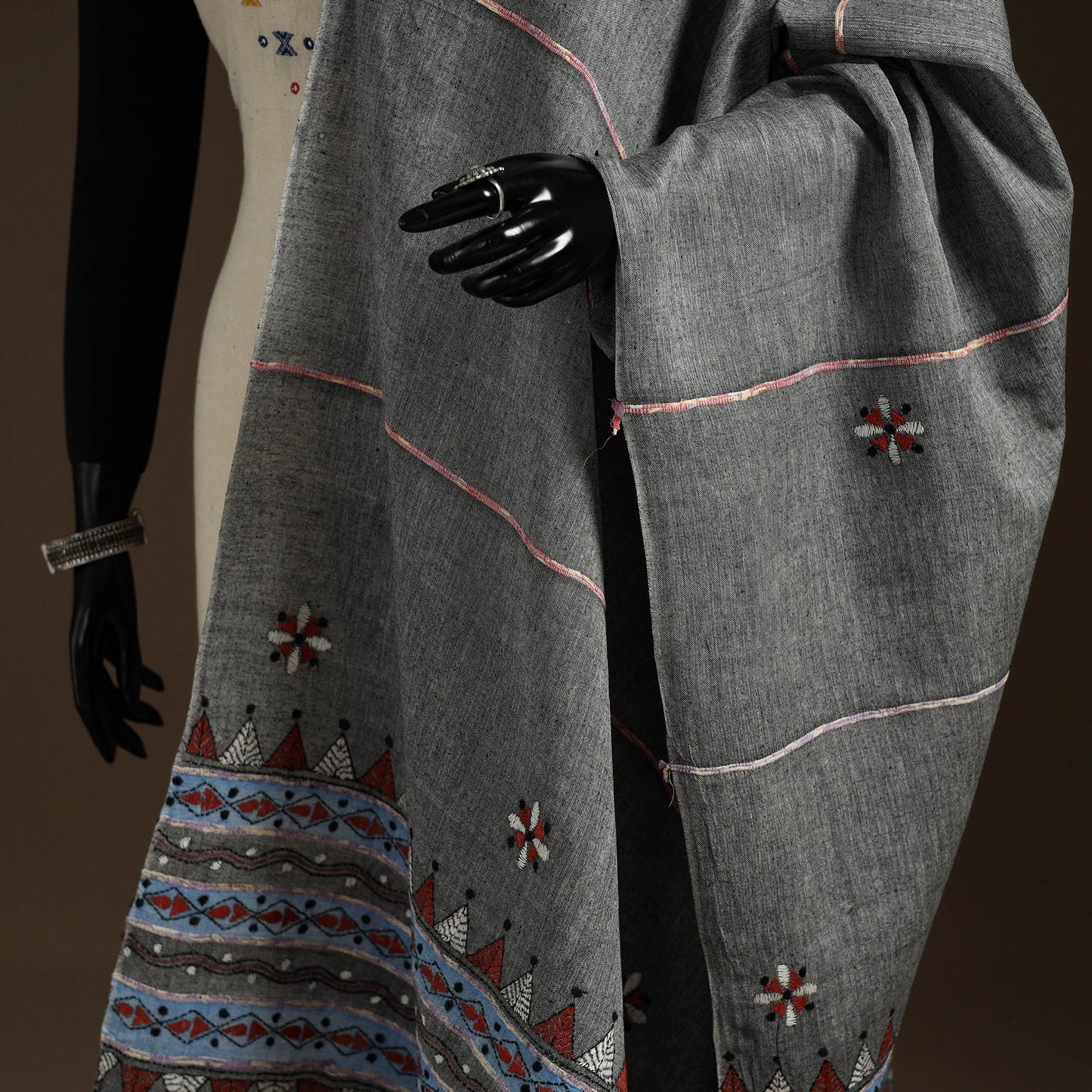 Grey Hand Embroidery Khes Handwoven Cotton Kantha Dupatta