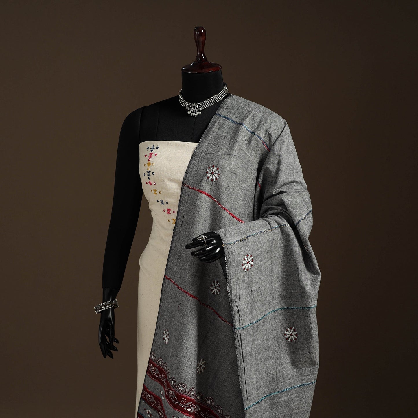 Grey - hand embroidery khes handwoven cotton kantha dupatta