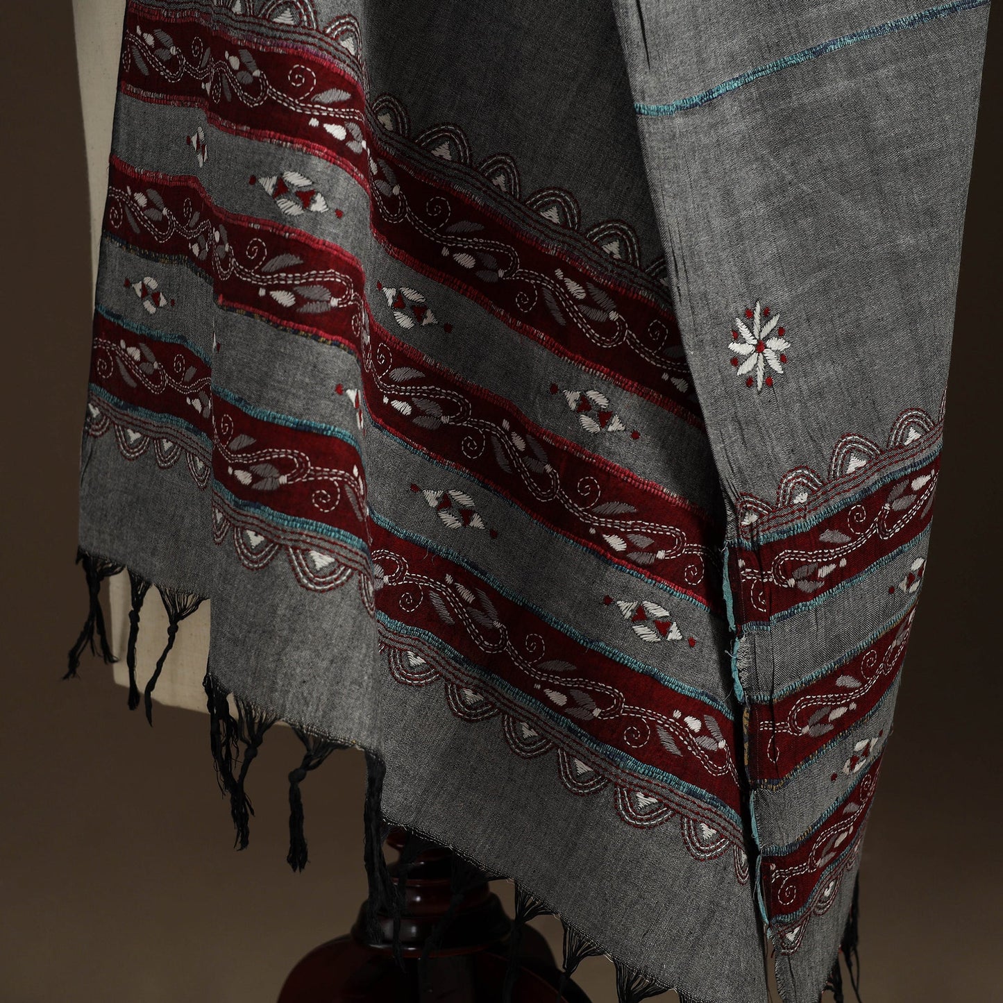 Grey - hand embroidery khes handwoven cotton kantha dupatta