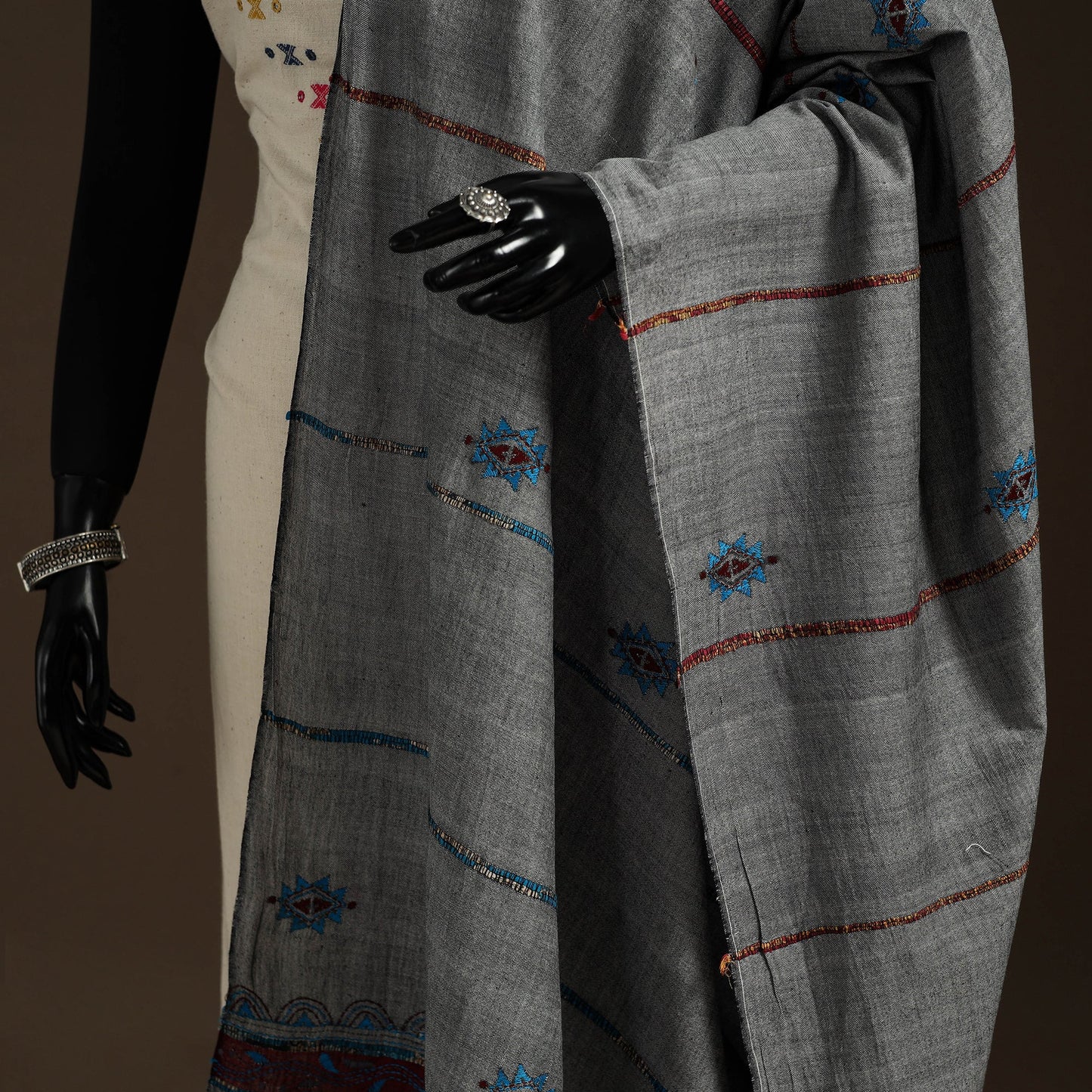 Grey - hand embroidery khes handwoven cotton kantha dupatta