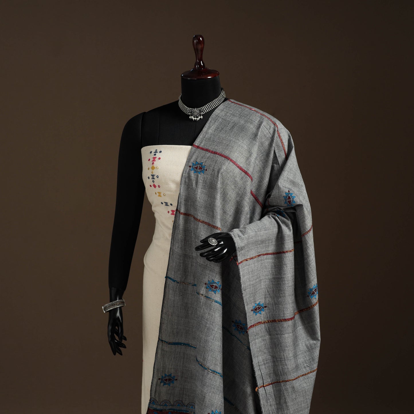 Grey - hand embroidery khes handwoven cotton kantha dupatta