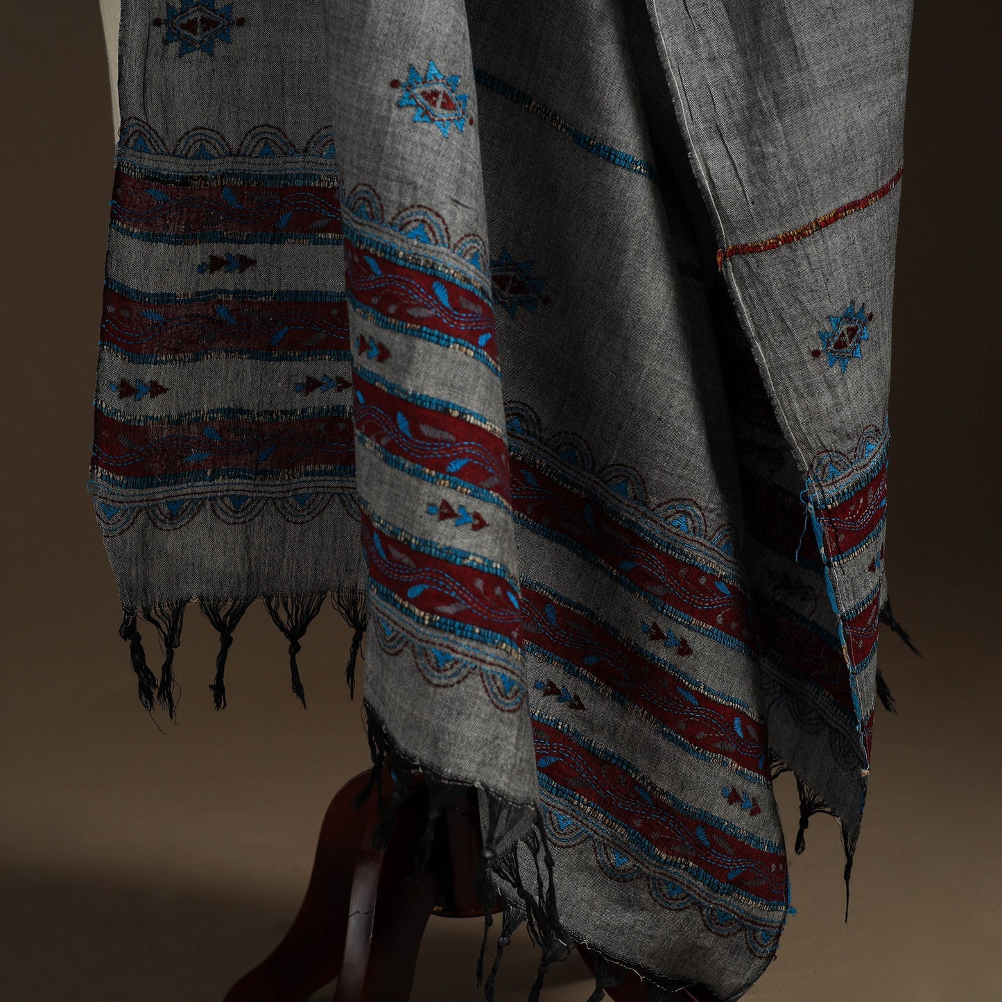 Grey - hand embroidery khes handwoven cotton kantha dupatta