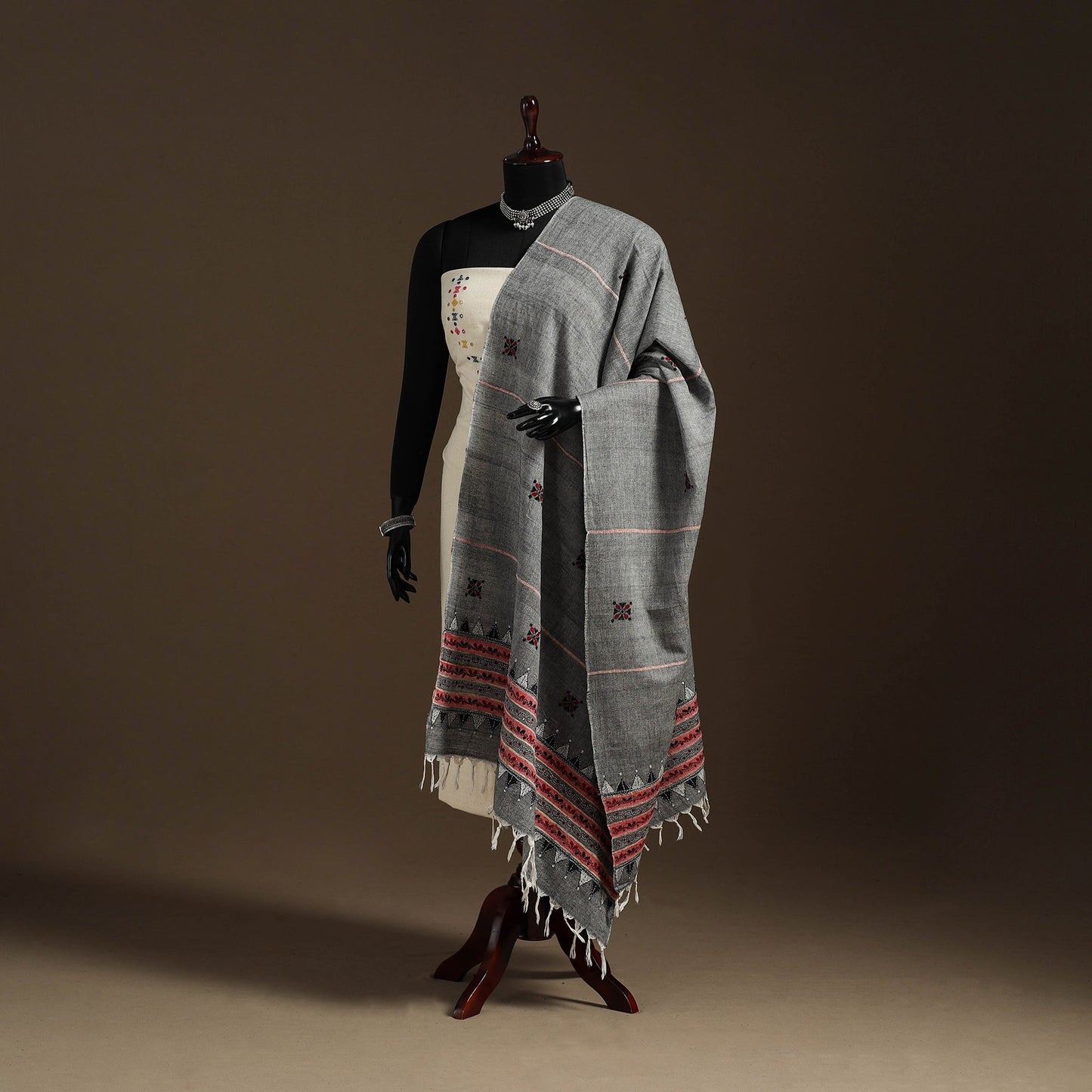 Grey Hand Embroidery Khes Handwoven Cotton Kantha Dupatta