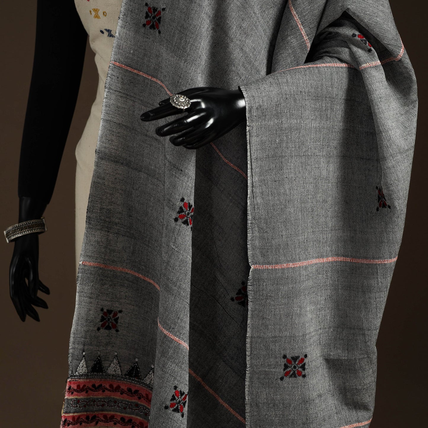 Grey Hand Embroidery Khes Handwoven Cotton Kantha Dupatta