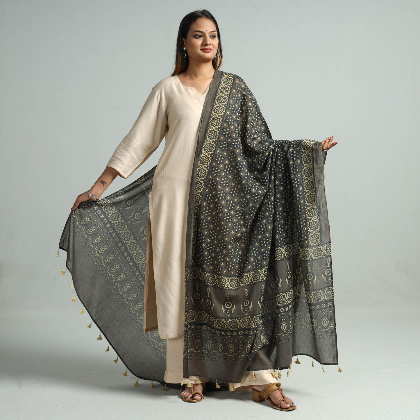 Hand Block Printed Mul Cotton Ajrakh Dupatta 