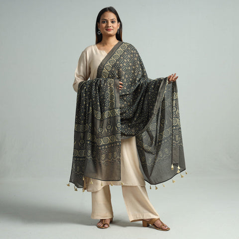 Hand Block Printed Mul Cotton Ajrakh Dupatta 