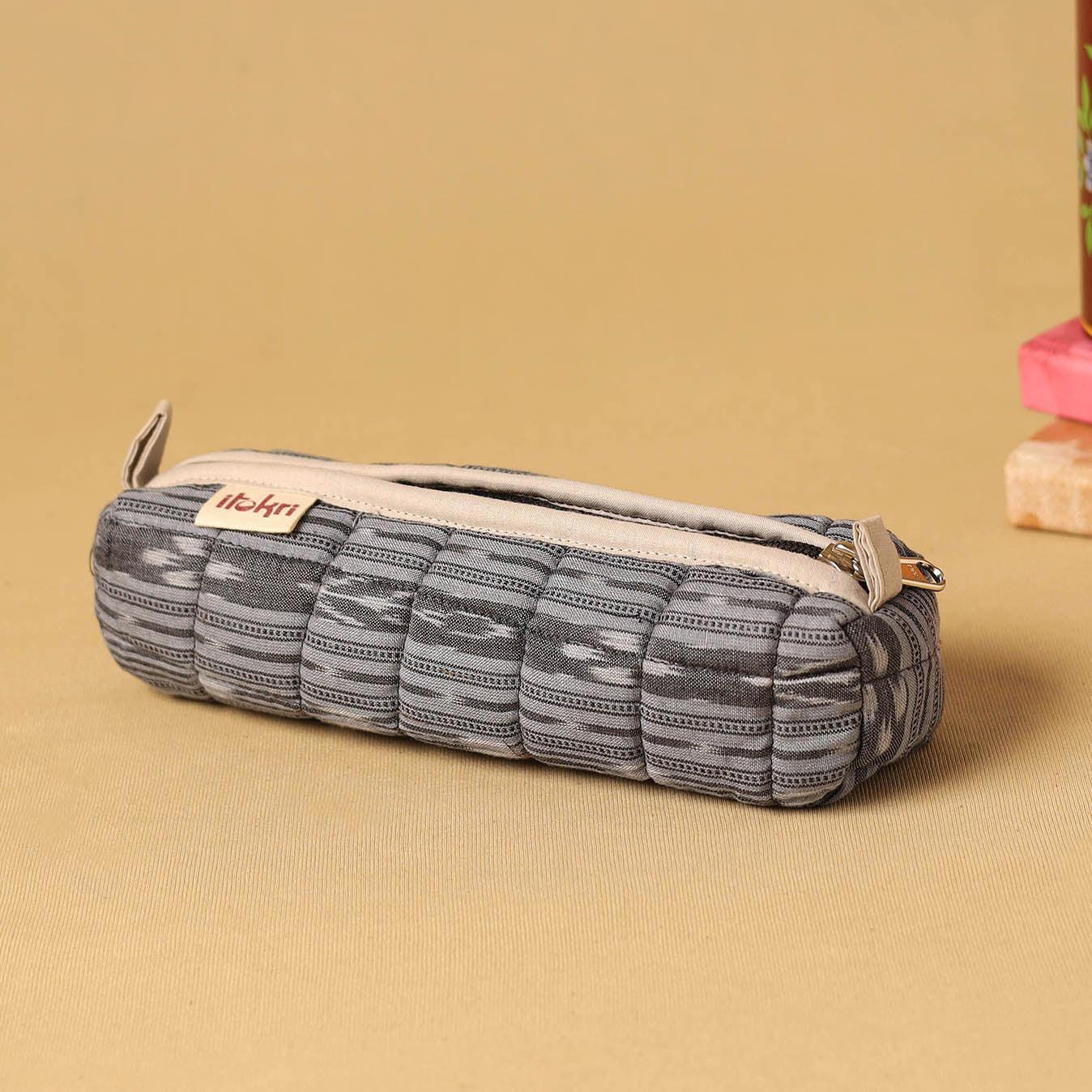 Grey - handcrafted cotton quilted pencil pouch 01