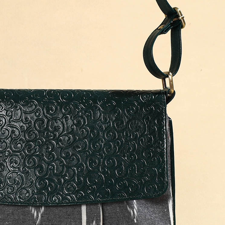 Grey Handcrafted Ikat Fabric Sling Bag with Embossed Leather Flap