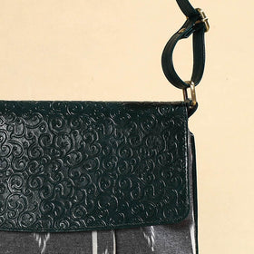Grey Handcrafted Ikat Fabric Sling Bag with Embossed Leather Flap