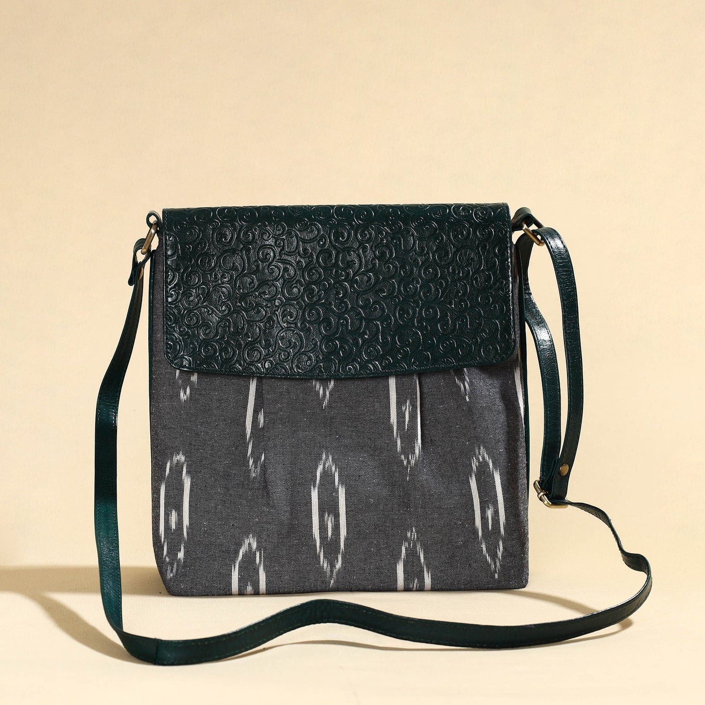 Grey Handcrafted Ikat Fabric Sling Bag with Embossed Leather Flap