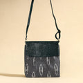 Grey Handcrafted Ikat Fabric Sling Bag with Embossed Leather Flap