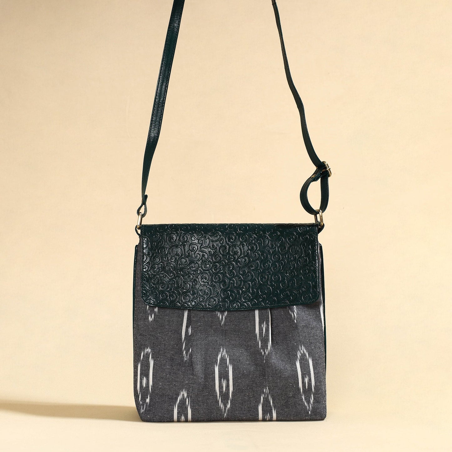Grey Handcrafted Ikat Fabric Sling Bag with Embossed Leather Flap