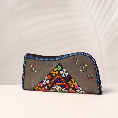 Grey Handcrafted Kutch Embroidery Leather Clutch / Wallet