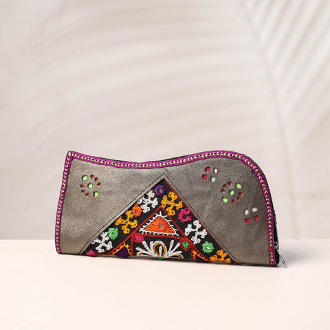 Grey Handcrafted Kutch Embroidery Leather Clutch / Wallet