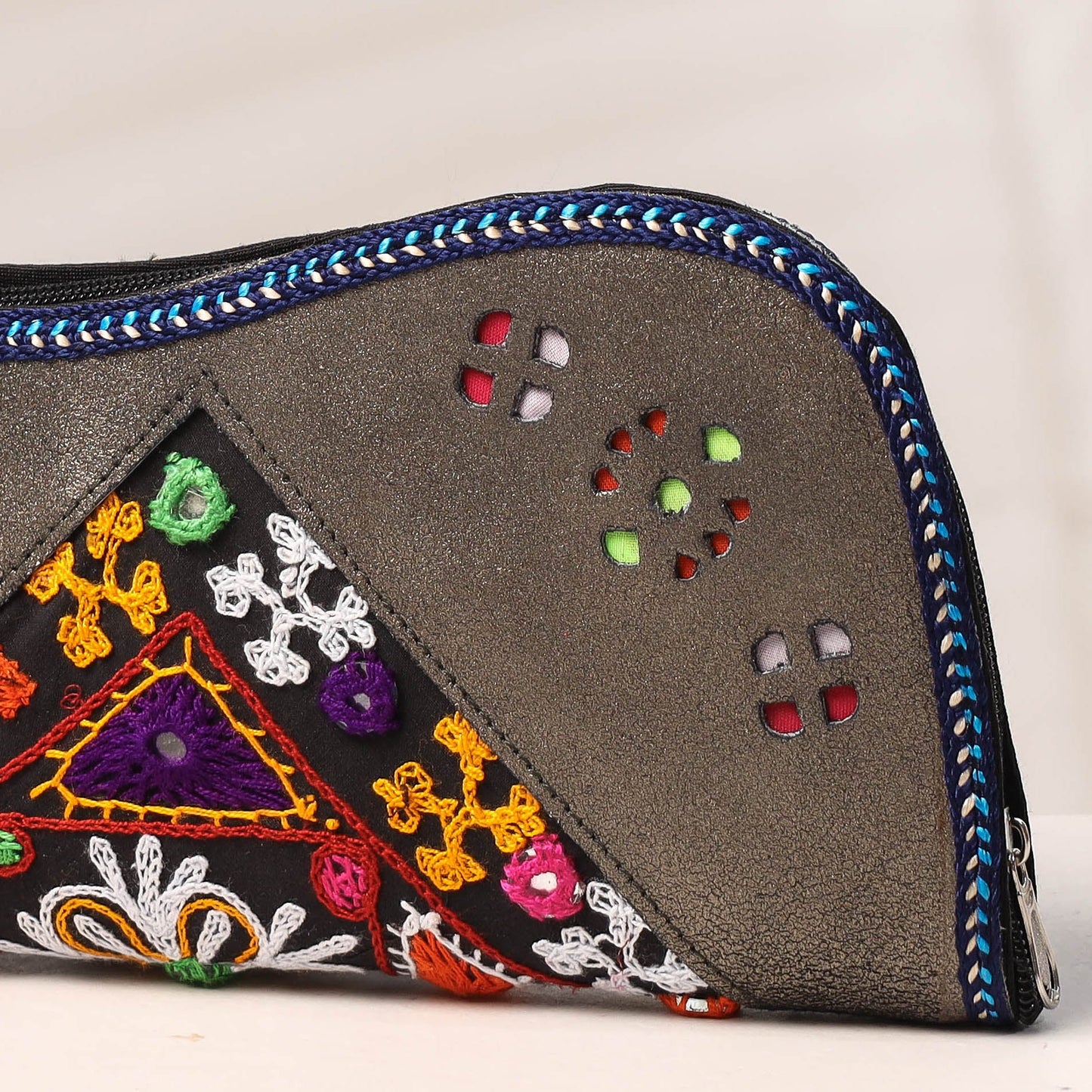Grey Handcrafted Kutch Embroidery Leather Clutch / Wallet