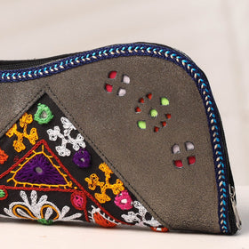 Grey Handcrafted Kutch Embroidery Leather Clutch / Wallet