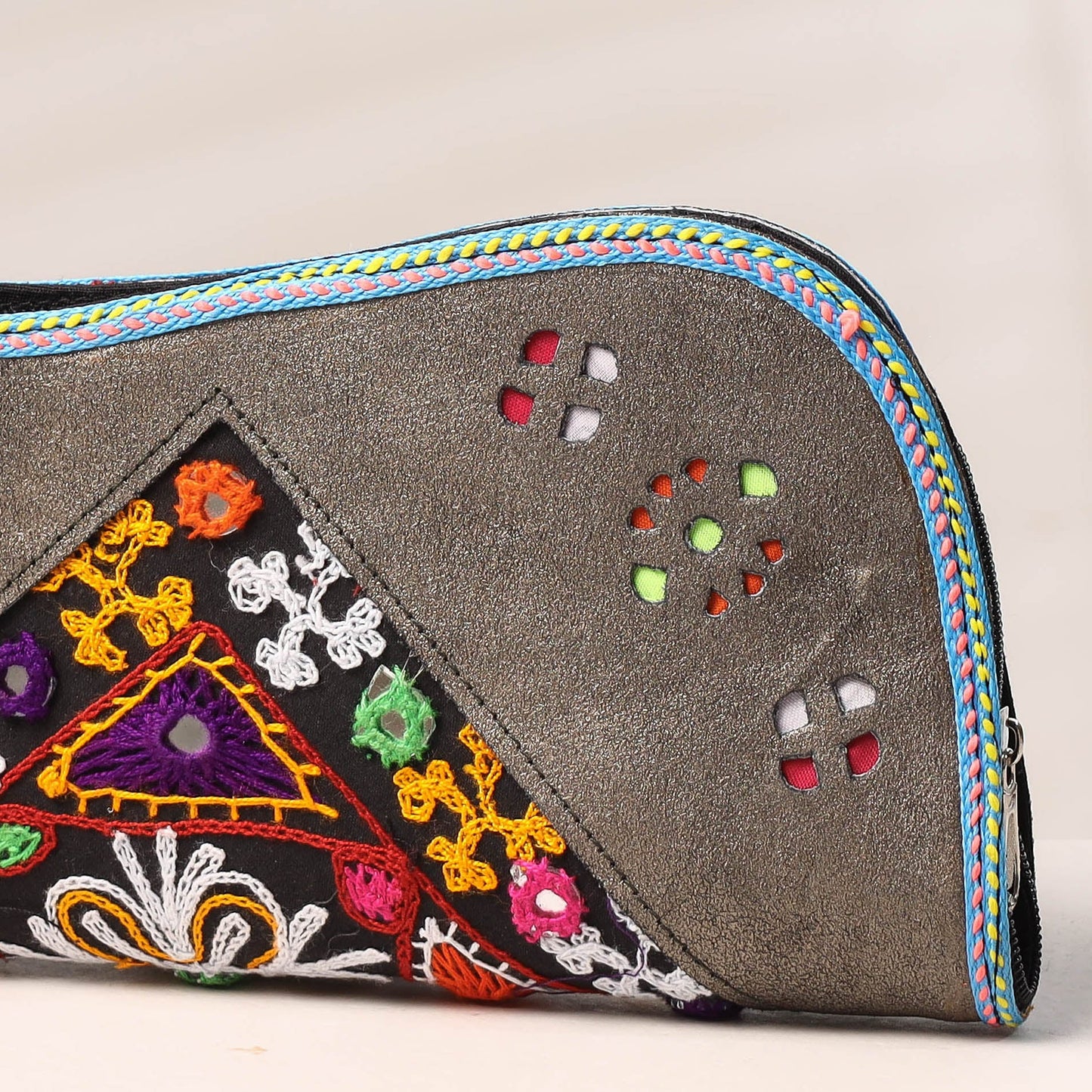 Grey Handcrafted Kutch Embroidery Leather Clutch / Wallet