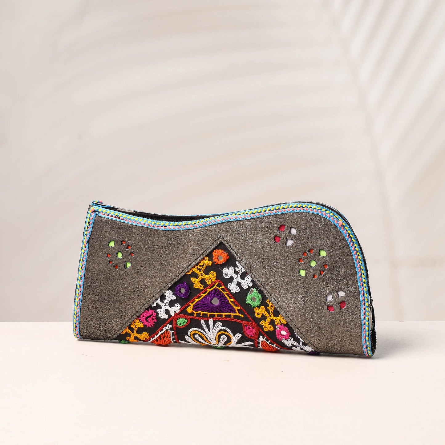 Grey Handcrafted Kutch Embroidery Leather Clutch / Wallet