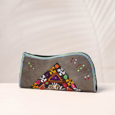 Grey Handcrafted Kutch Embroidery Leather Clutch / Wallet