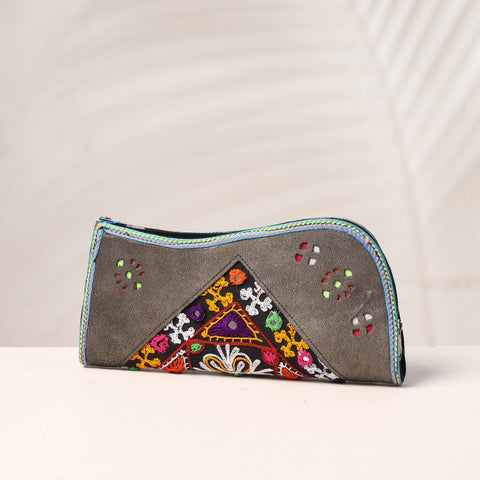 Grey Handcrafted Kutch Embroidery Leather Clutch / Wallet